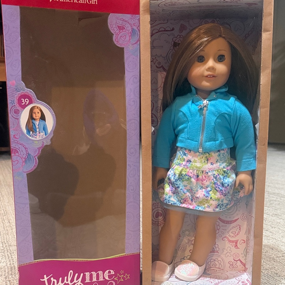 American Girl Doll in Blue Jacket and Floral Skirt